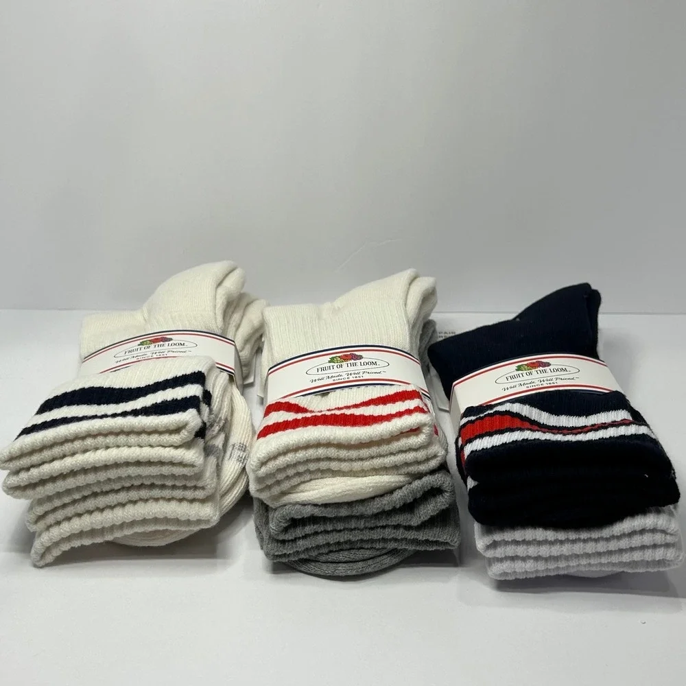 Fruit of the Loom Varsity Stripe Crew Socks 6 Pair Pack White Navy Red Grey 6-12